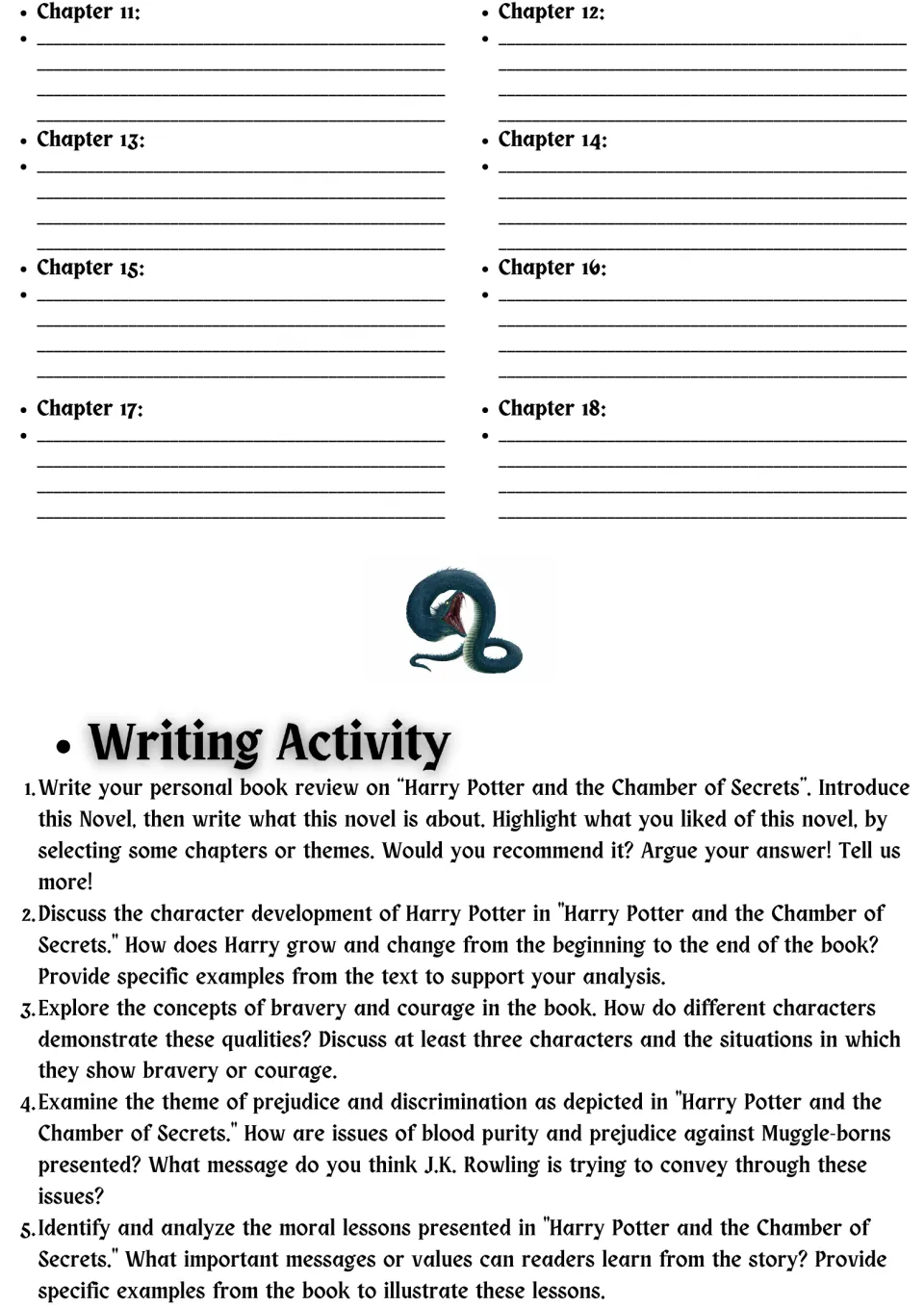 Novel study chapters 11–18 and five writing prompts on a book review, Harry's growth, courage, prejudice, and morals