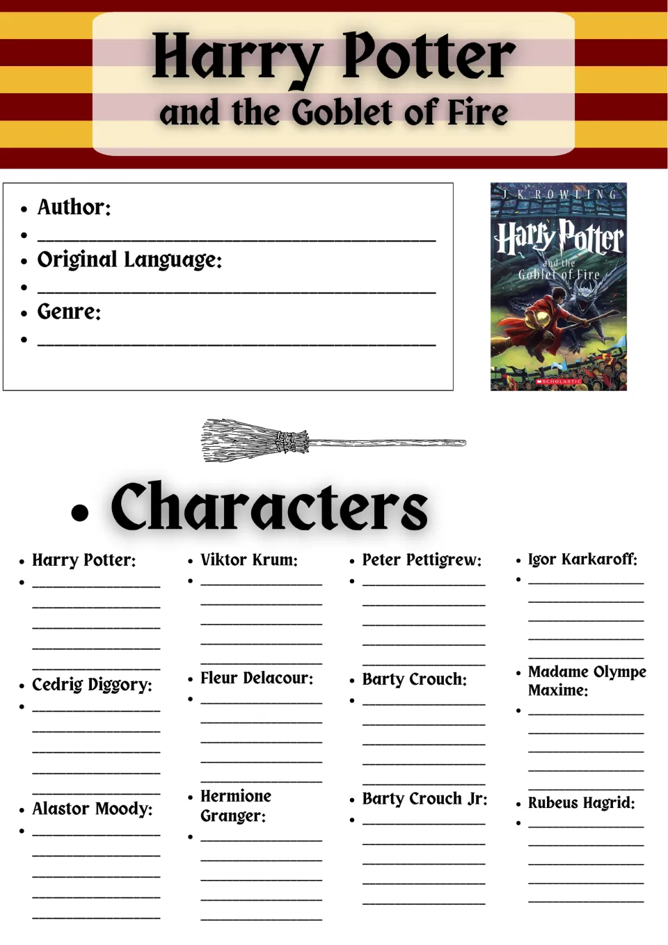 Novel study opening page: author, original language, genre, and 12 characters including Harry Potter