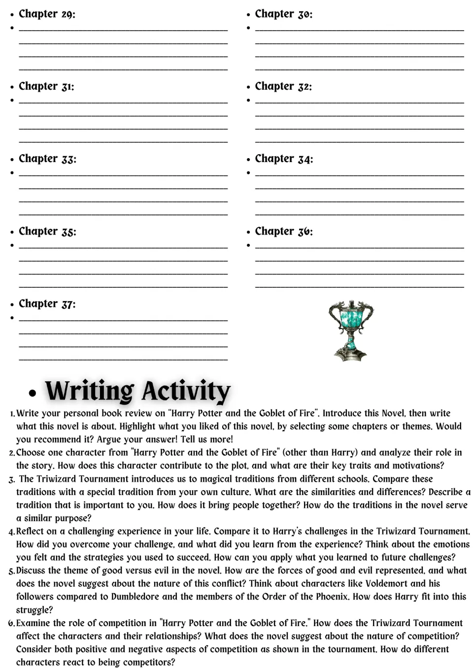 Novel study chapter summaries 29–37 and six writing prompts on a book review, character, themes, and more