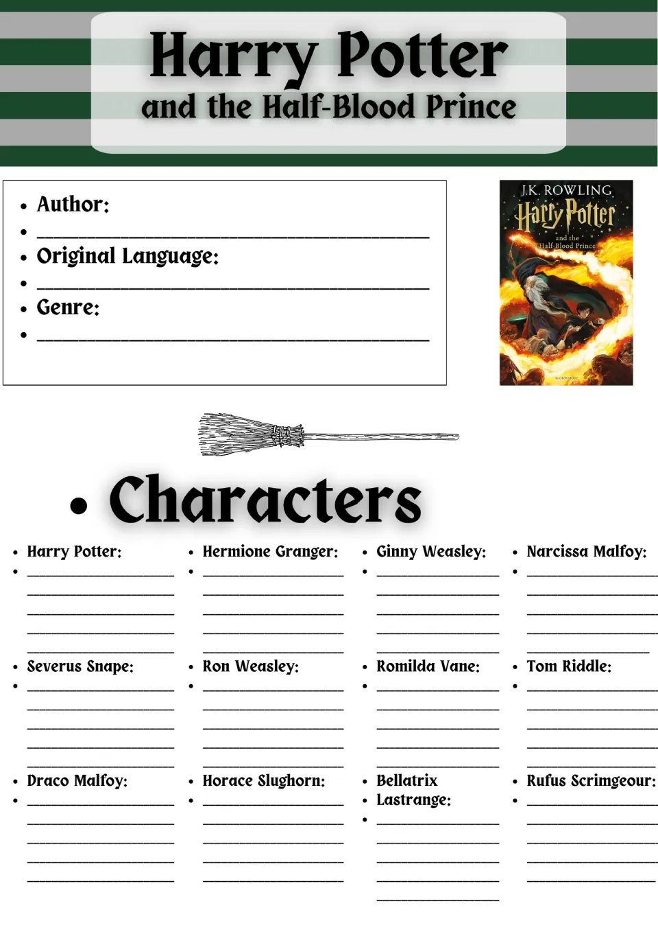 Half-Blood Prince book facts and characters: students note author, language and genre, then describe 12 characters