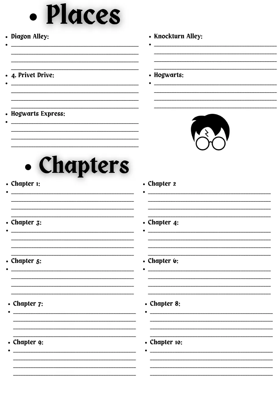 Places and chapters: students describe Diagon Alley, Hogwarts and 3 other settings, then summarize chapters 1 to 10