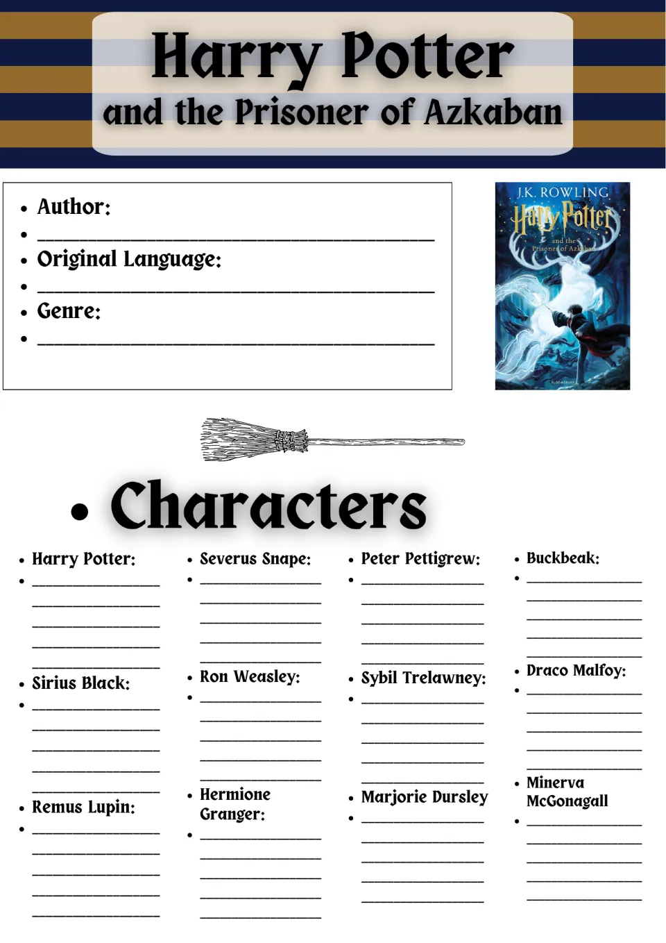Novel study opening page: author, original language, genre, and 12 characters including Harry and Sirius