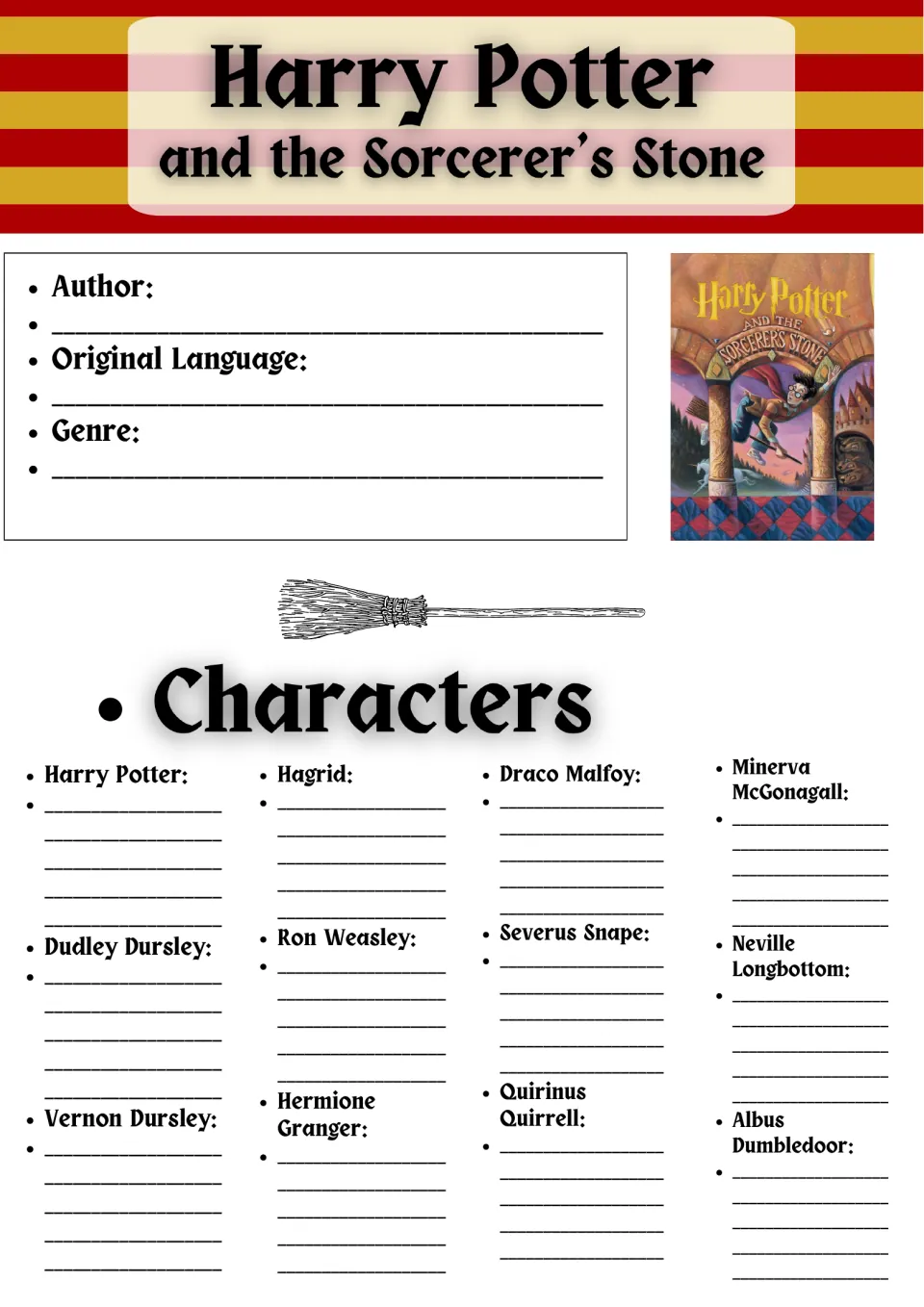 Book facts and characters: students record author, language and genre, then take notes on 12 characters such as Hagrid