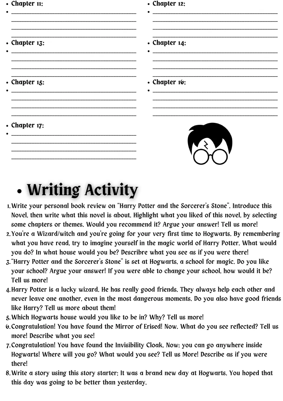 Chapter 11 to 17 summaries, then a writing activity: 8 prompts including a book review and a Mirror of Erised description