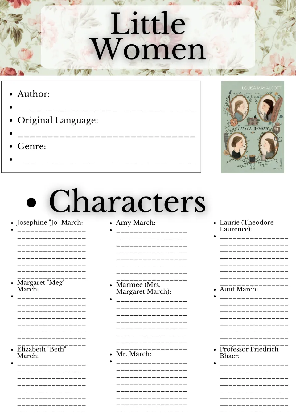 Little Women book facts and characters: students record author, language and genre, then take notes on Jo, Meg, Laurie
