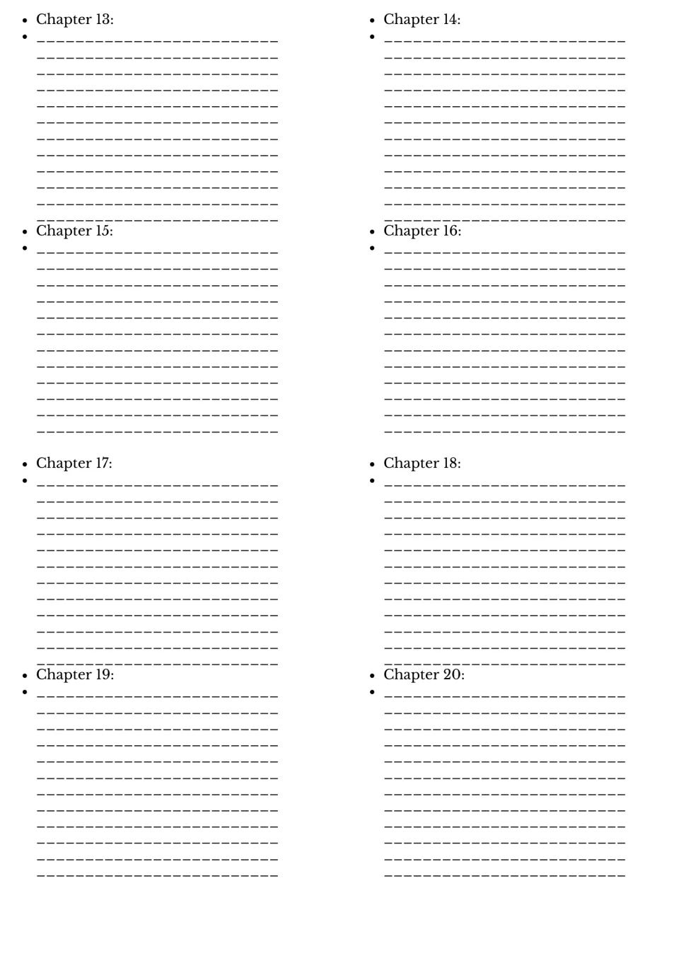 Chapter 13 to 20 summaries: students note the main events and characters of each chapter to keep a record of the plot