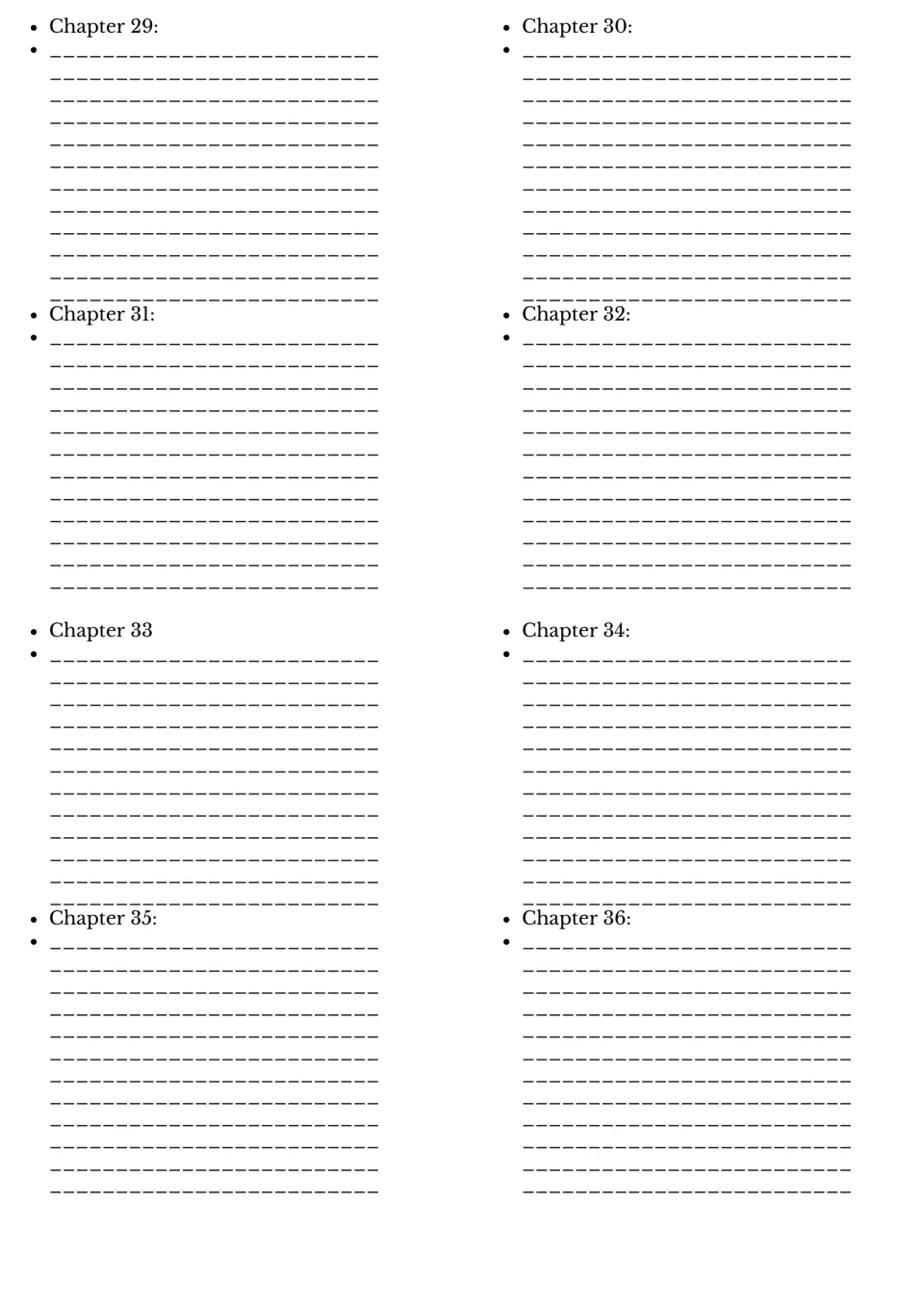 Chapters 29 to 36 note-taking: students recap each chapter in their own words to practise summarizing the plot