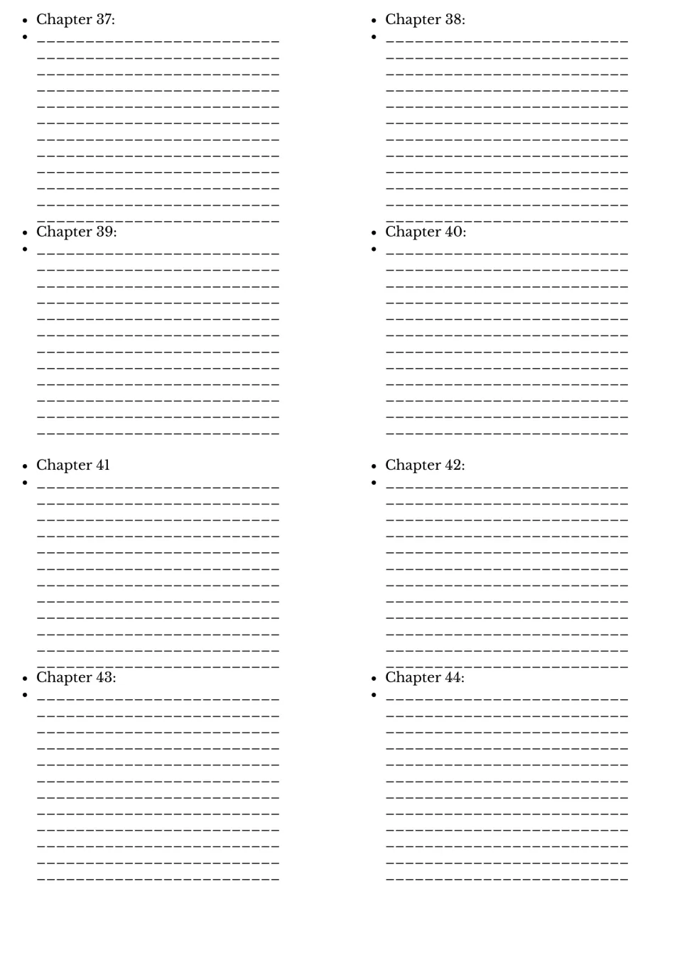 Summaries for chapters 37 through 44: students record key events from each late chapter to follow how the plot resolves