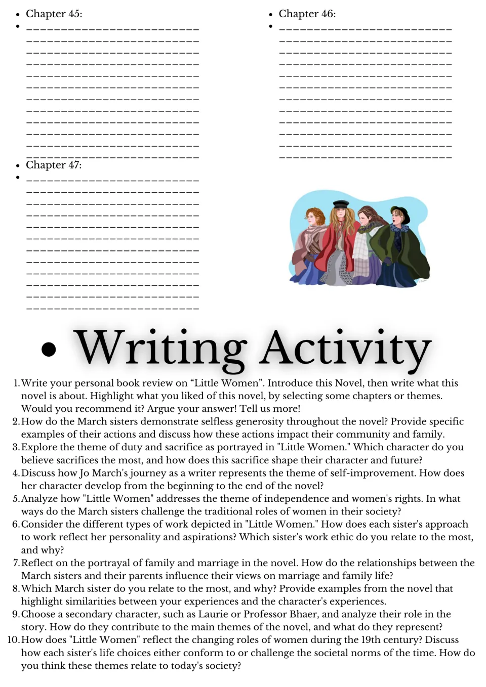 Chapters 45-47 and writing activity: a book review plus 9 essay prompts on sacrifice, Jo's growth and women's roles