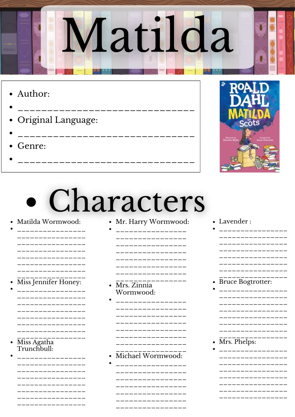 Matilda book details and character notes: students record author, language and genre, then describe nine characters