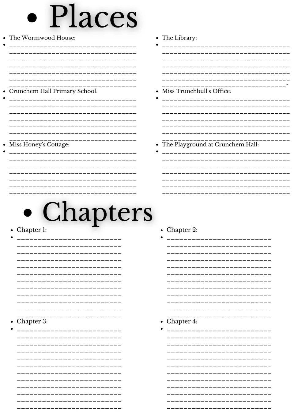 Matilda settings and chapter summaries: students describe six places like Crunchem Hall, then summarize chapters 1 to 4