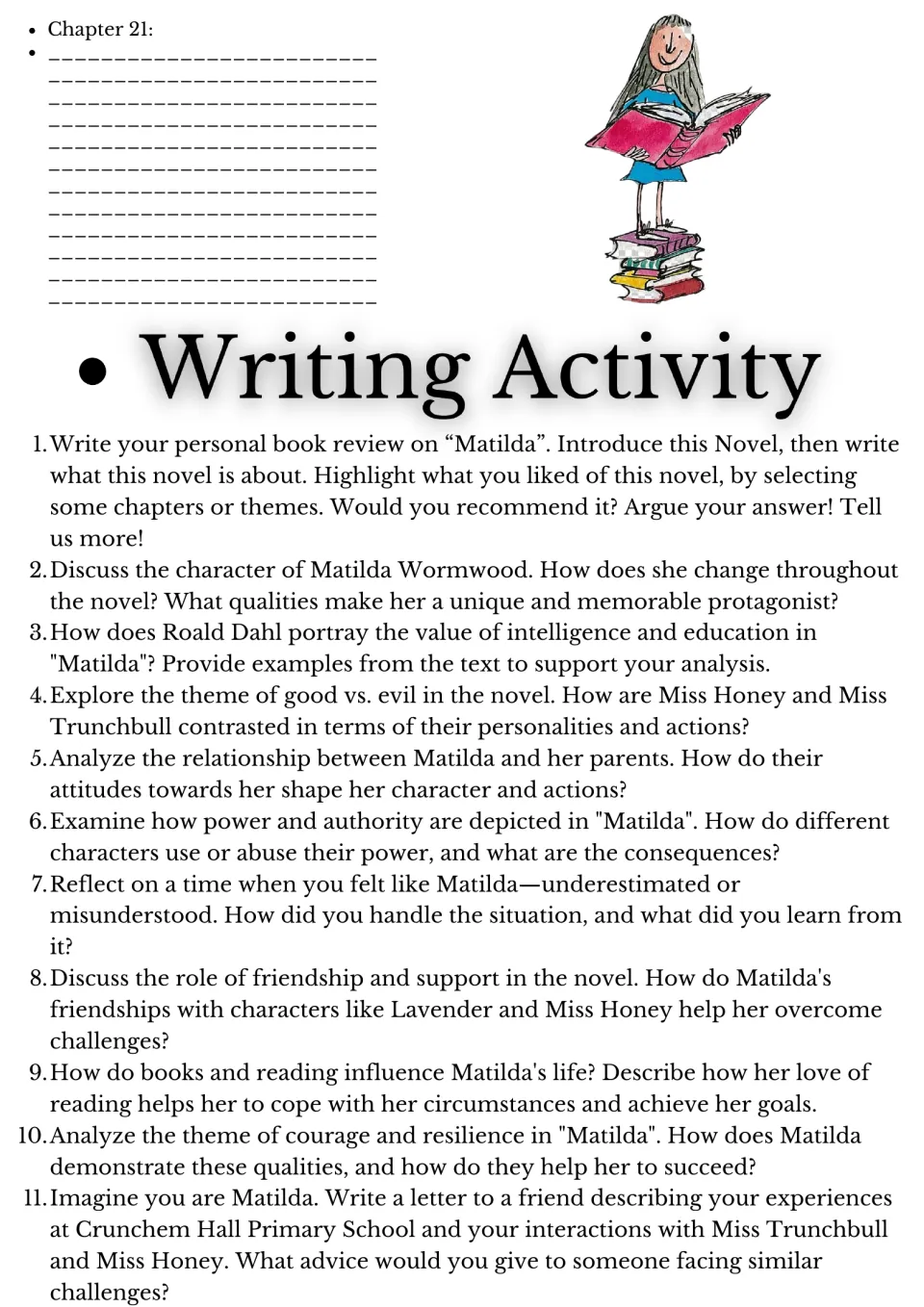 Matilda writing activity: chapter 21 summary plus 11 prompts, including a book review and a letter written as Matilda