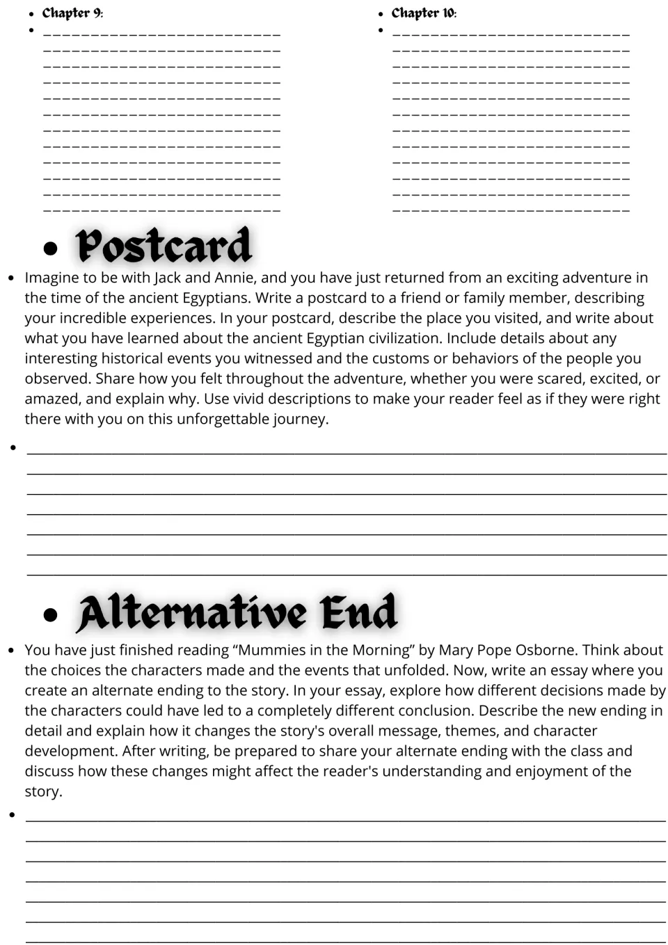 Chapter 9 and 10 notes plus writing: students craft a postcard from ancient Egypt and an essay with an alternate ending