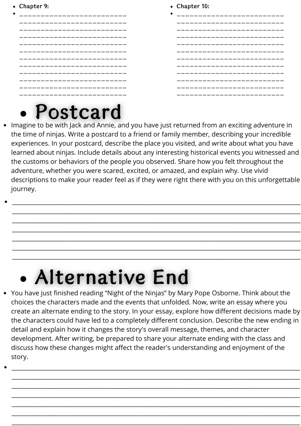 Chapters 9-10 summaries, then writing prompts: a postcard from Jack and Annie's ninja adventure and an alternate story ending