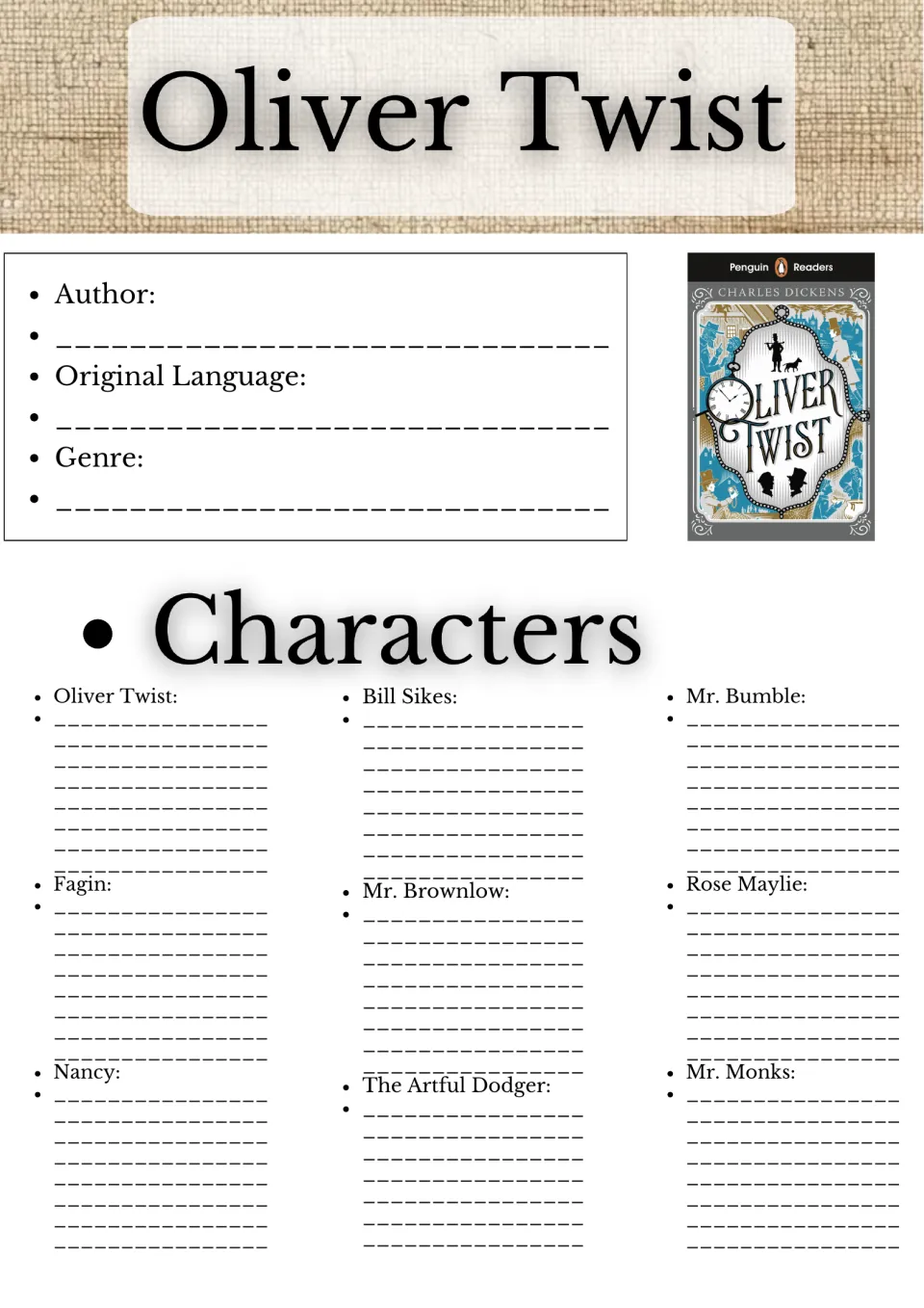 Oliver Twist book facts and characters: students note author, language and genre, then describe Fagin, Nancy and 7 others