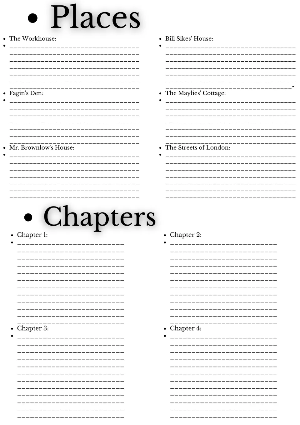 Places and Chapters 1 to 4: students describe six settings such as the Workhouse and Fagin's Den, then write chapter notes