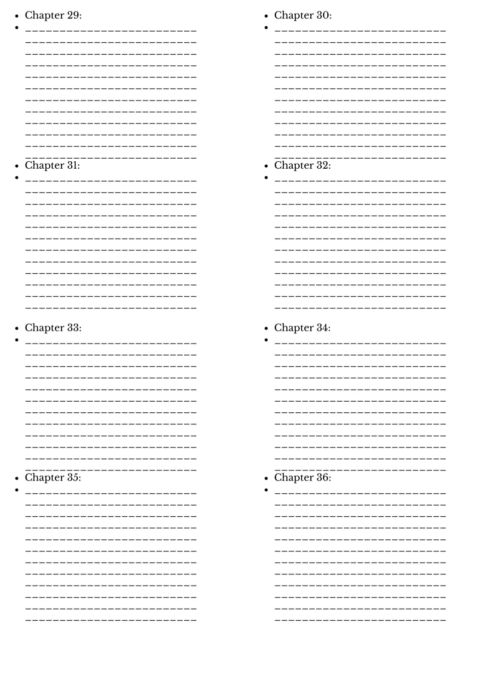 Chapter-by-chapter summarizing for Chapters 29 to 36: students note the main events of each chapter in their own words