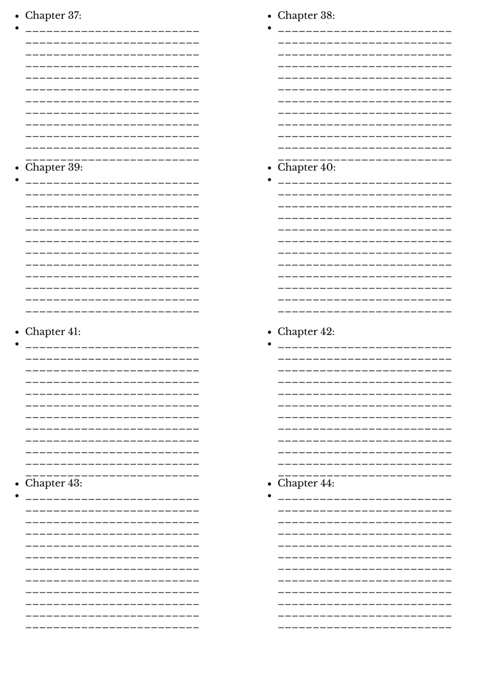 Plot summary notes for Chapters 37 to 44: students write a brief summary of each chapter's events while reading