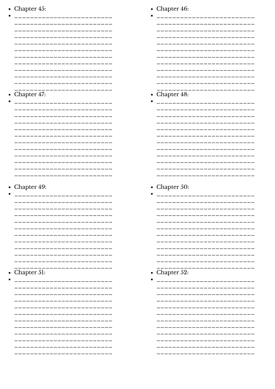 Chapter summaries for Chapters 45 to 52: students record key plot events of each chapter as the novel nears its end