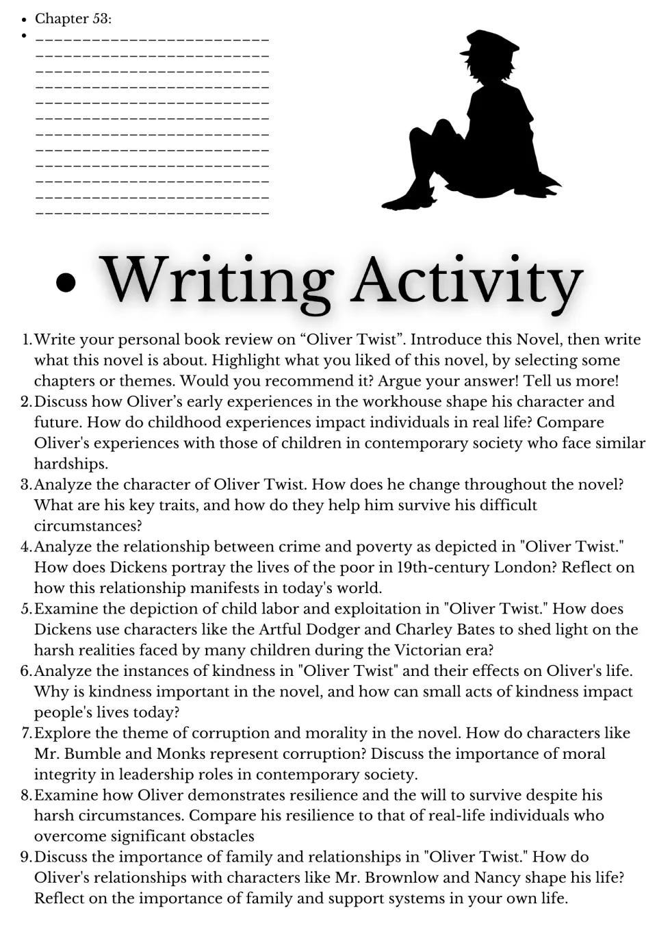 Chapter 53 notes and Writing Activity: students answer 9 writing prompts on crime and poverty, kindness, corruption and more