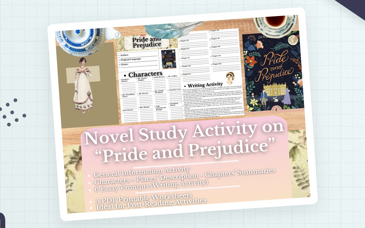 Collage of Pride and Prejudice cover art with character, chapter-summary, and writing-activity worksheet previews.