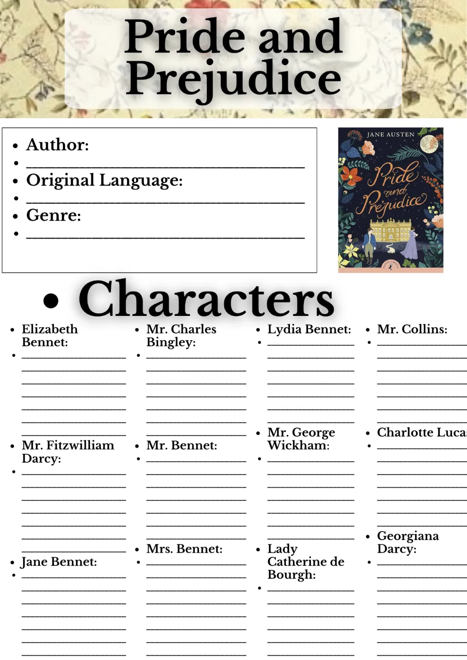 Pride and Prejudice character notes: students record author, language and genre, then describe Elizabeth, Darcy and 10 others