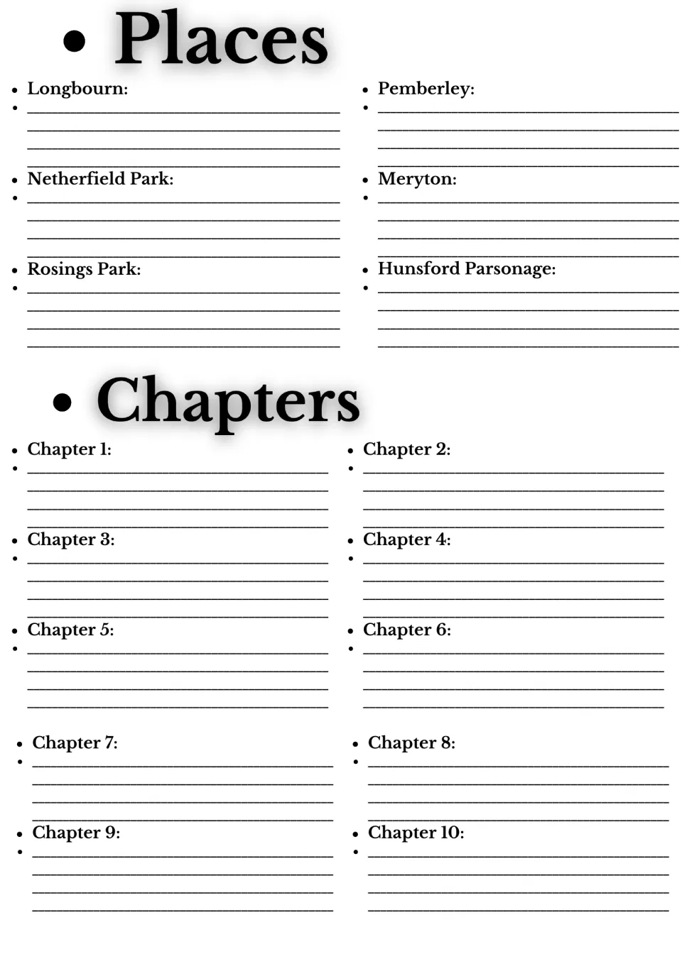 Novel setting and chapter notes: students describe Longbourn, Pemberley and 4 other places, then summarize chapters 1 to 10