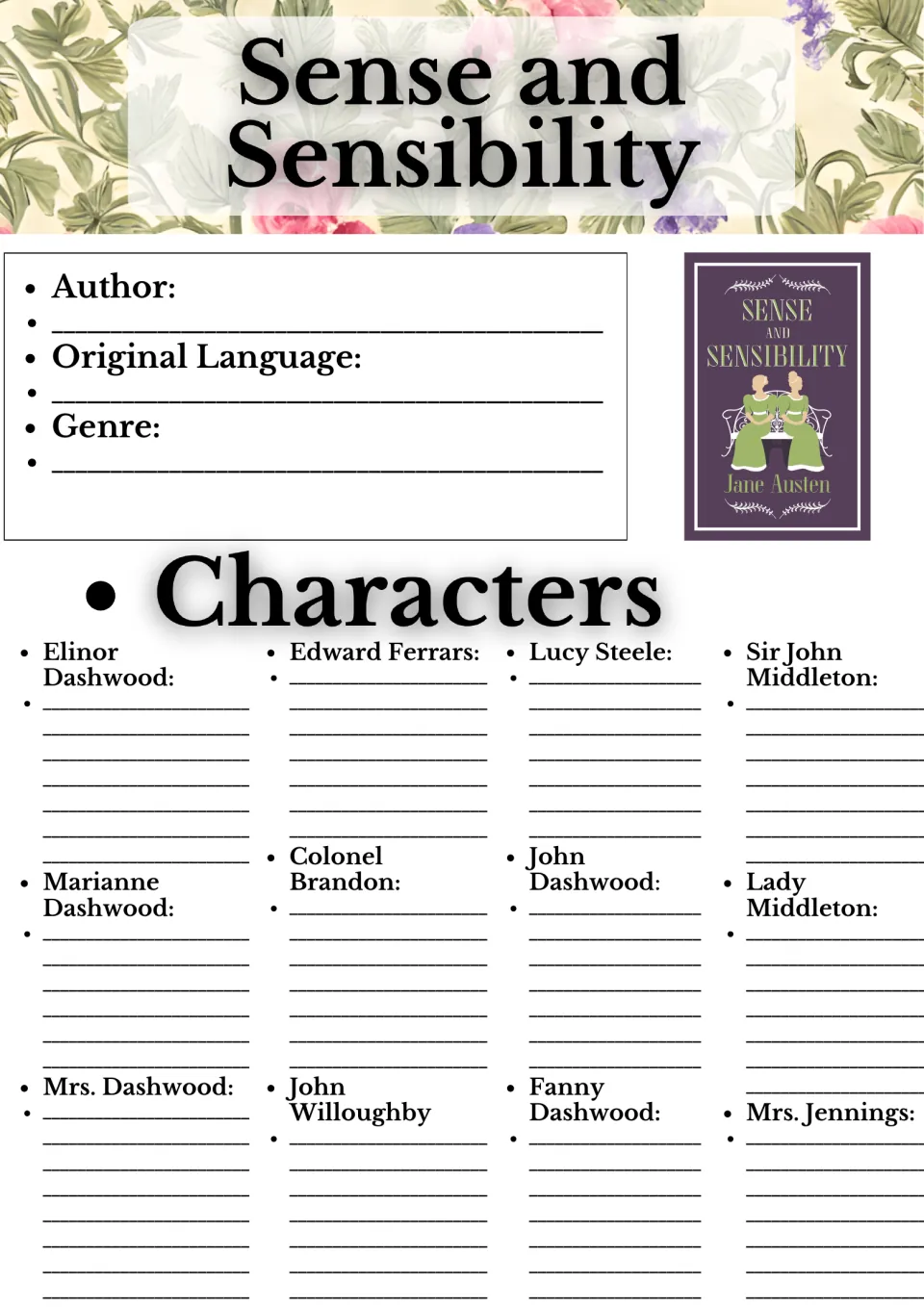 Novel study opening page: author, original language, genre, and descriptions of 12 characters