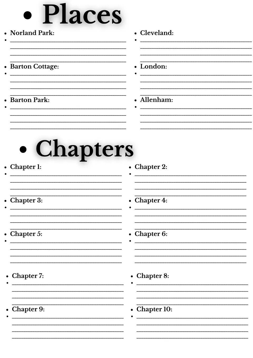 Novel study setting notes for Norland Park, Barton Cottage, and four more places, plus chapters 1–10