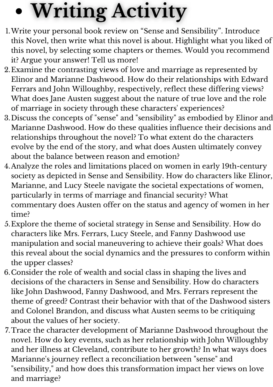 Seven novel study writing prompts cover a book review, love, reason and emotion, women, class, and character growth