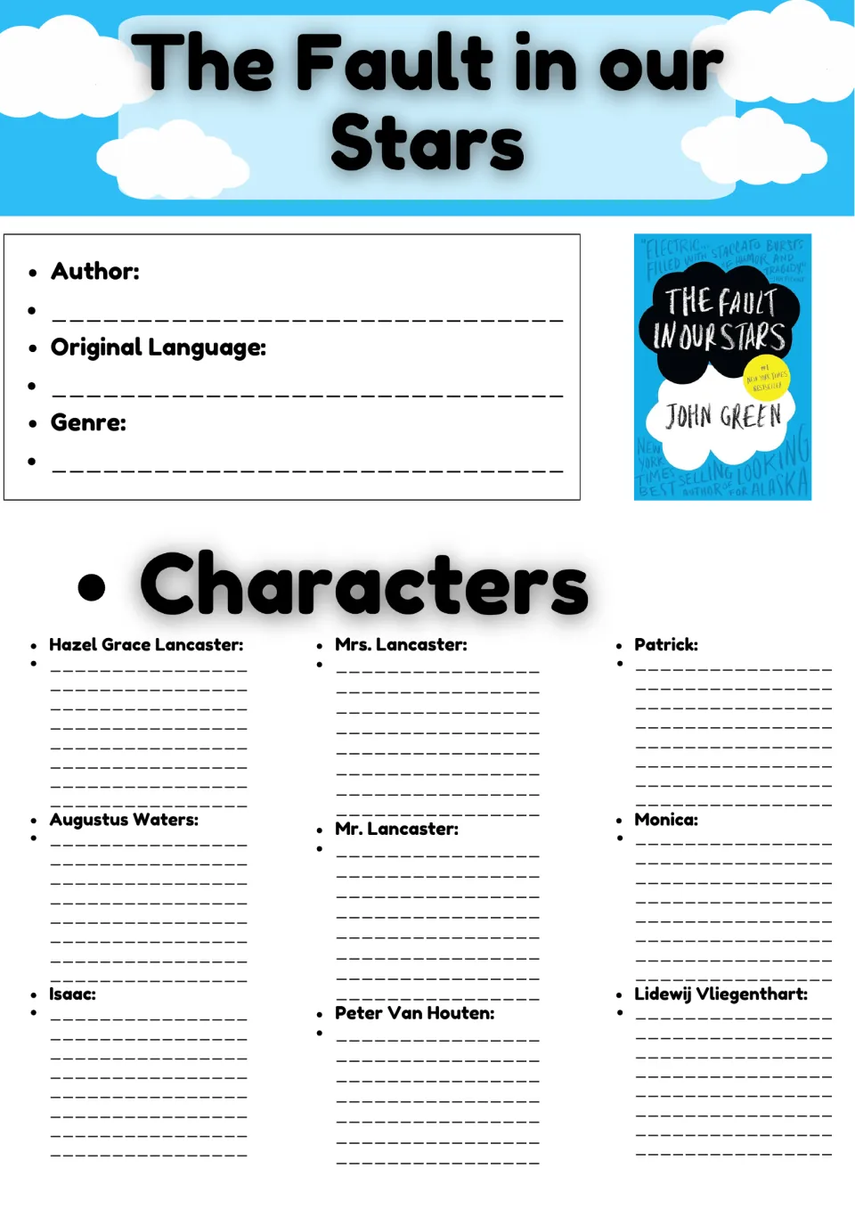 The Fault in our Stars book details and characters: students note author, genre and language, then describe 10 characters
