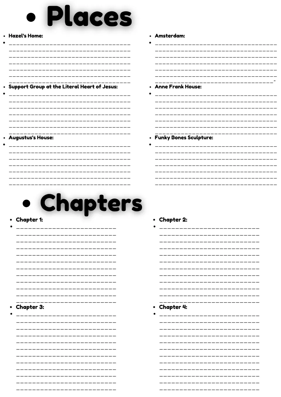 Places and Chapters 1-4: students describe six settings such as Amsterdam and the Anne Frank House, then summarize chapters