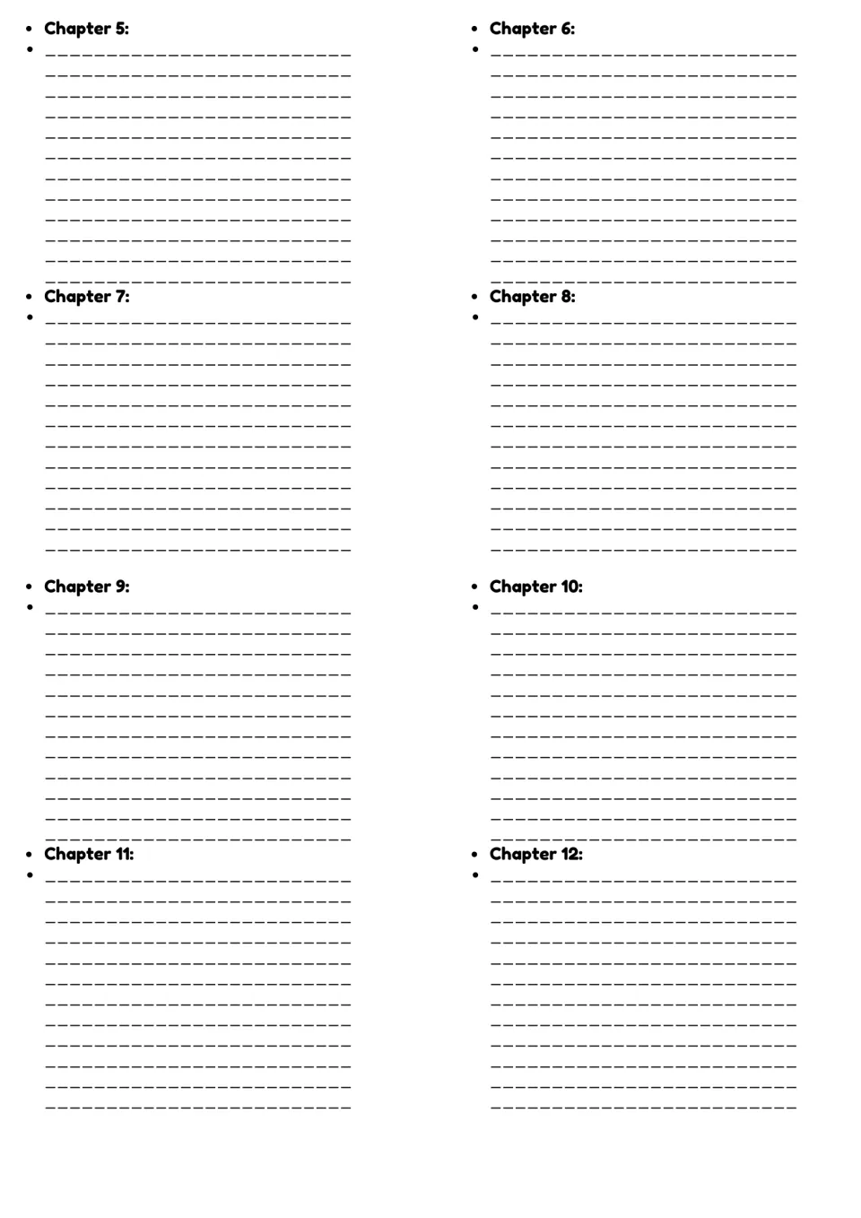 Chapter summaries for Chapters 5 through 12: students write notes on the key events of each chapter as they read the novel