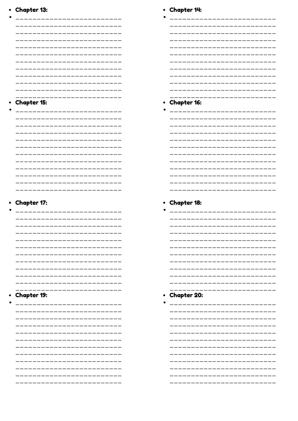 Chapter summaries for Chapters 13 through 20: students record the main events of each chapter in the middle of the novel