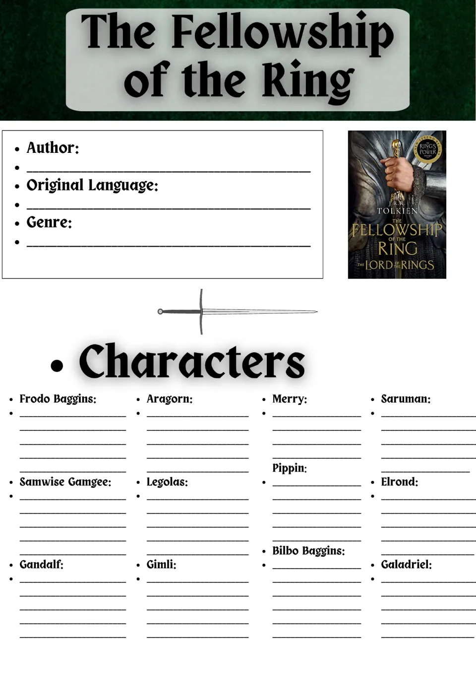 Novel study opening page: author, original language, genre, and descriptions of Frodo, Samwise, and 10 more