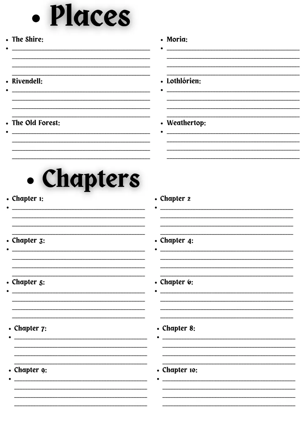 Novel study setting notes for the Shire, Rivendell, Moria, and three more, plus chapter 1–10 summaries