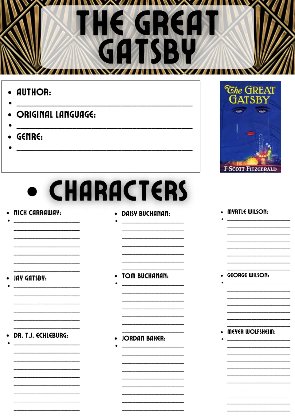 Great Gatsby character notes: students record author, language and genre, then describe Nick, Gatsby, Daisy, Tom and more