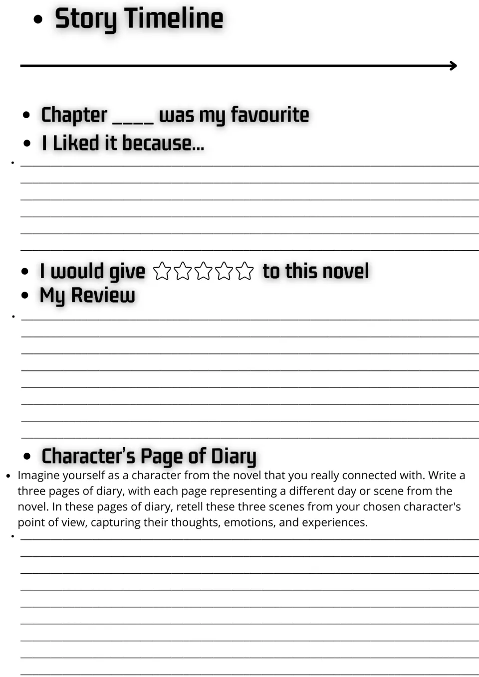 Reading response: students add a story timeline, favourite chapter, star rating, review and a character diary entry