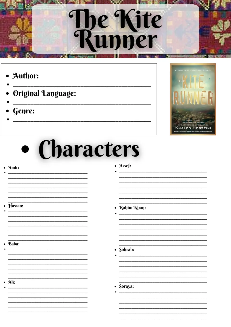 Kite Runner characters: students note author, language and genre, then describe Amir, Hassan, Baba, Assef and Sohrab