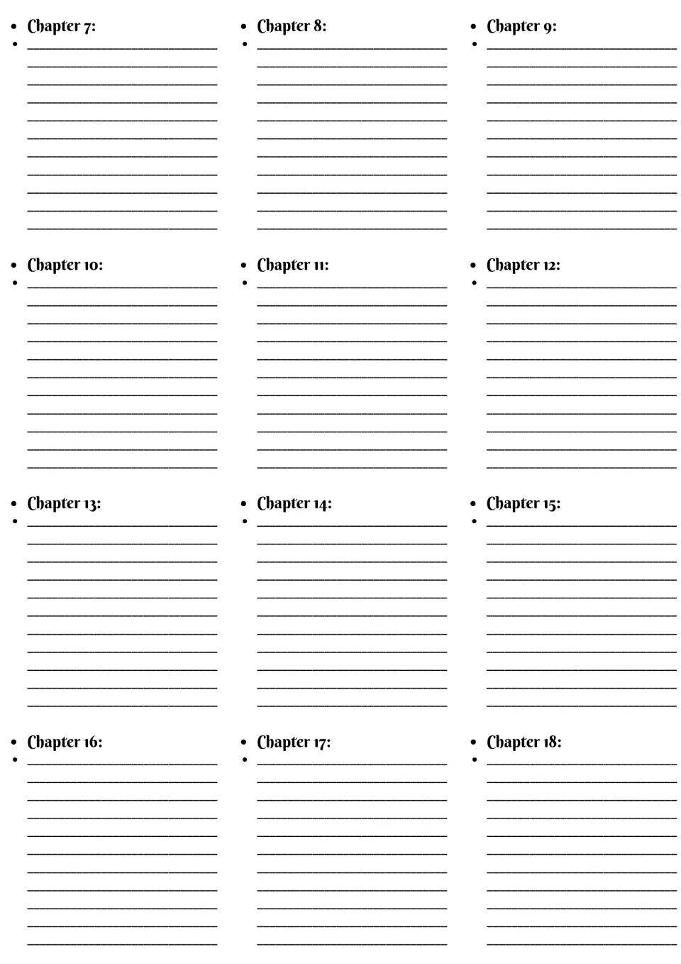 Chapter summaries: students write a short summary for each of chapters 7 through 18 of the novel while reading