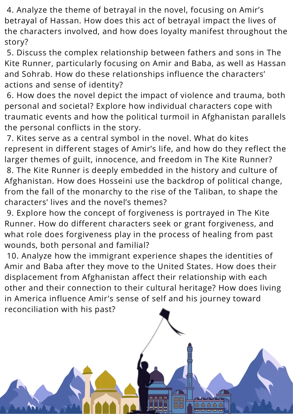 Essay prompts 4 to 10 on betrayal, fathers and sons, trauma, kite symbolism, Afghan history, forgiveness and immigration