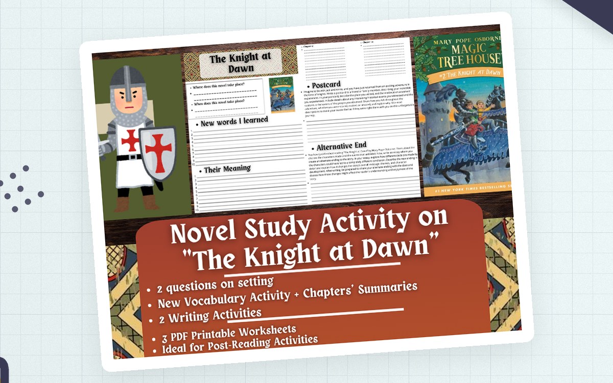 The Knight at Dawn novel study cover with reading worksheets, knight illustration, and book image