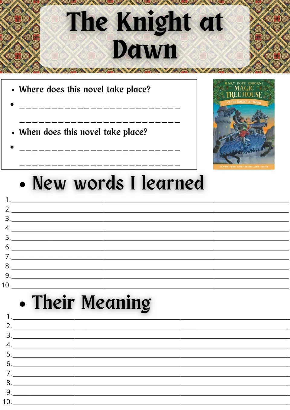 Knight at Dawn setting and vocabulary: students tell where and when the story happens, then list 10 new words and meanings