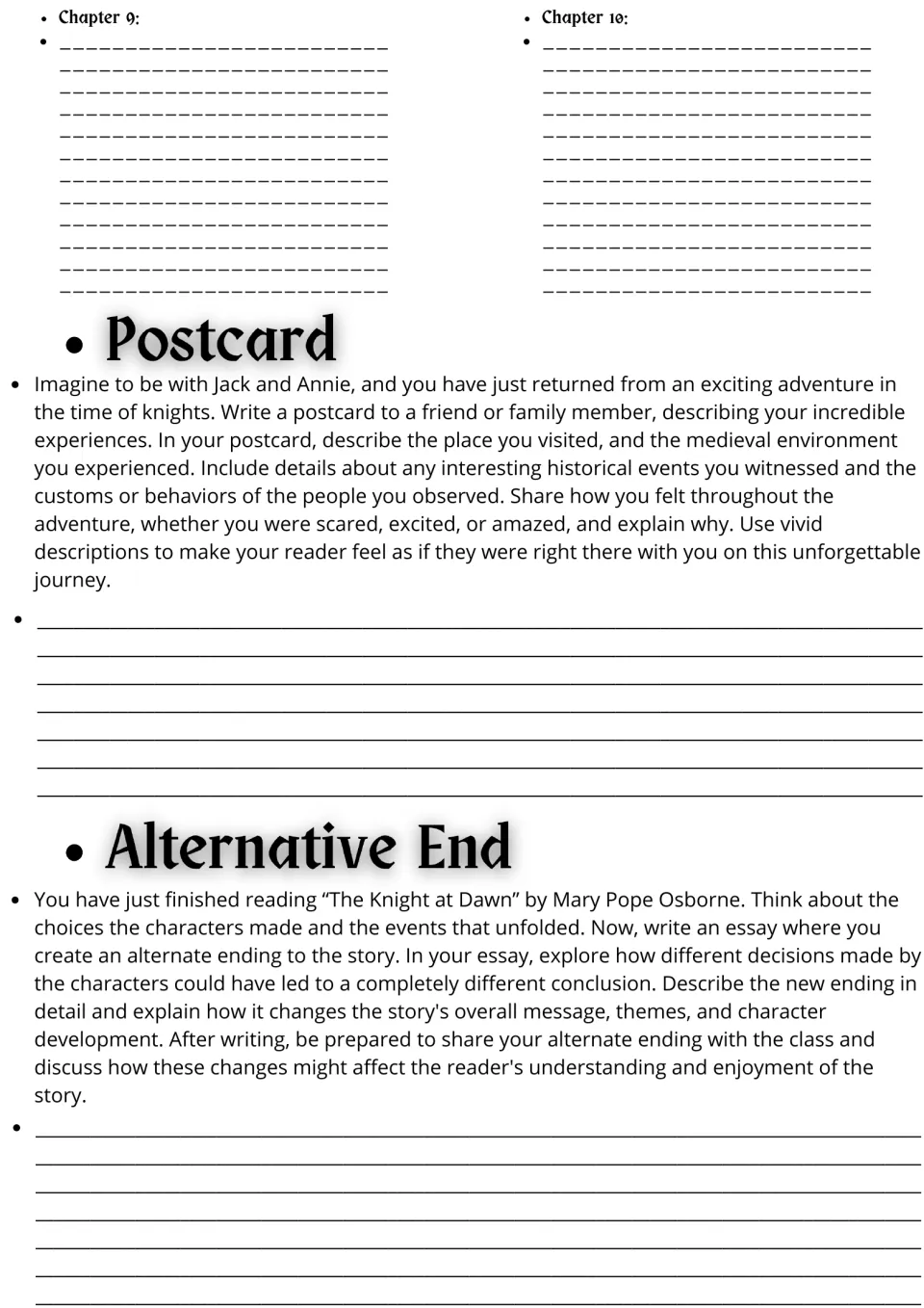 Chapter 9-10 recaps plus writing: a postcard about a medieval trip with Jack and Annie and an alternate-ending essay