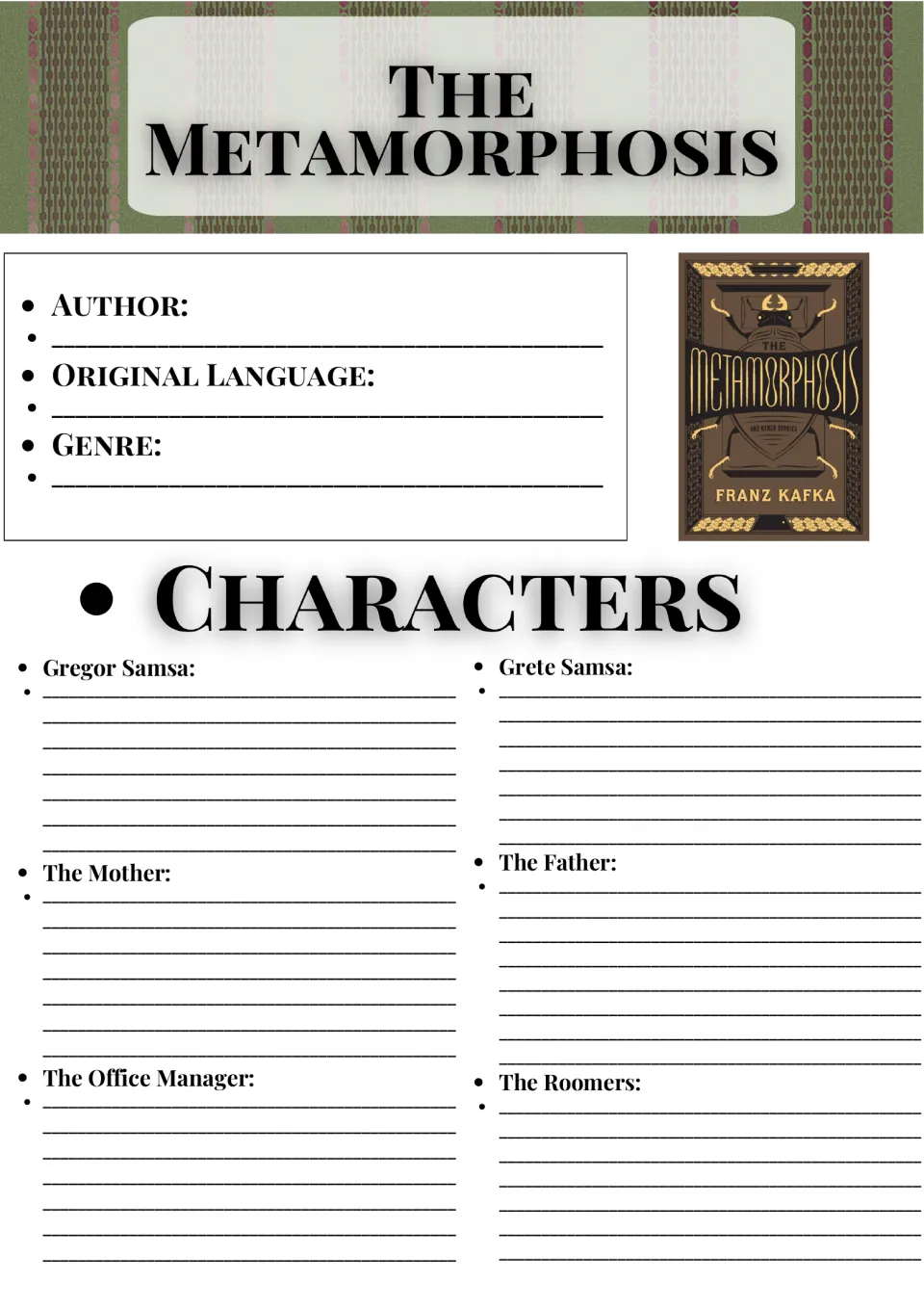 The Metamorphosis characters: students note author, language and genre, then describe Gregor, Grete, parents and others