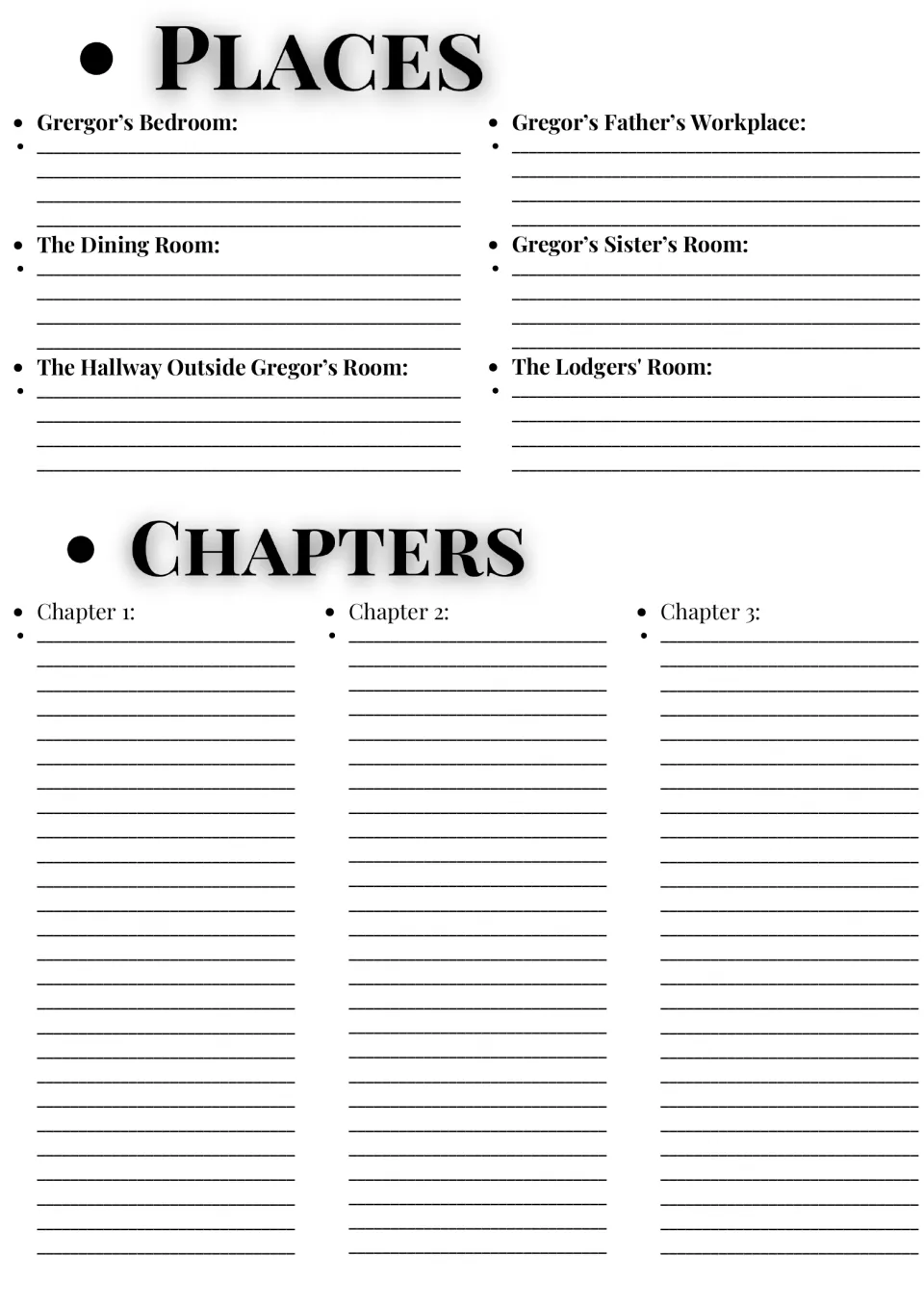 Places and chapters: students describe six settings such as Gregor's bedroom, then take notes on chapters 1, 2 and 3