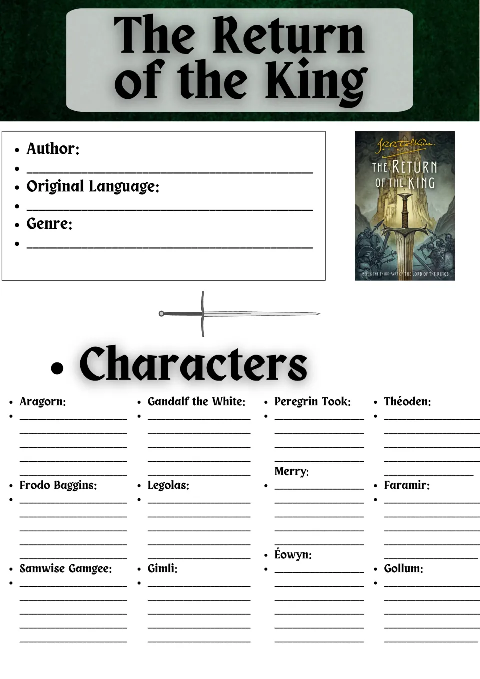 Novel study opening page: author, original language, genre, and descriptions of Aragorn, Frodo, and 10 more.
