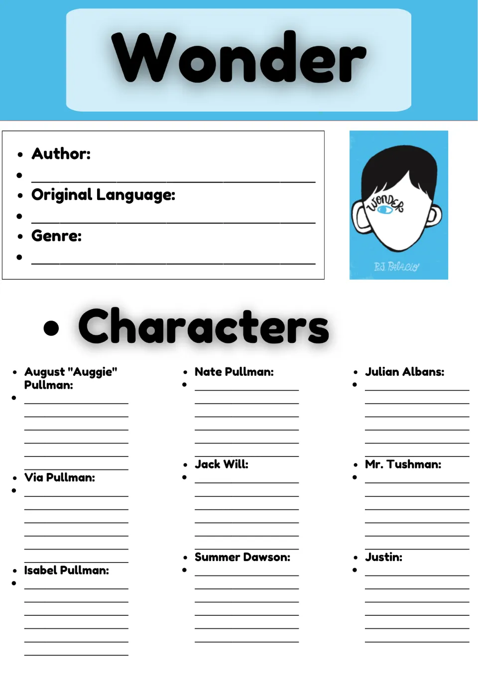 Wonder book info and character notes: students record author, language and genre, then describe Auggie, Via, Jack and more