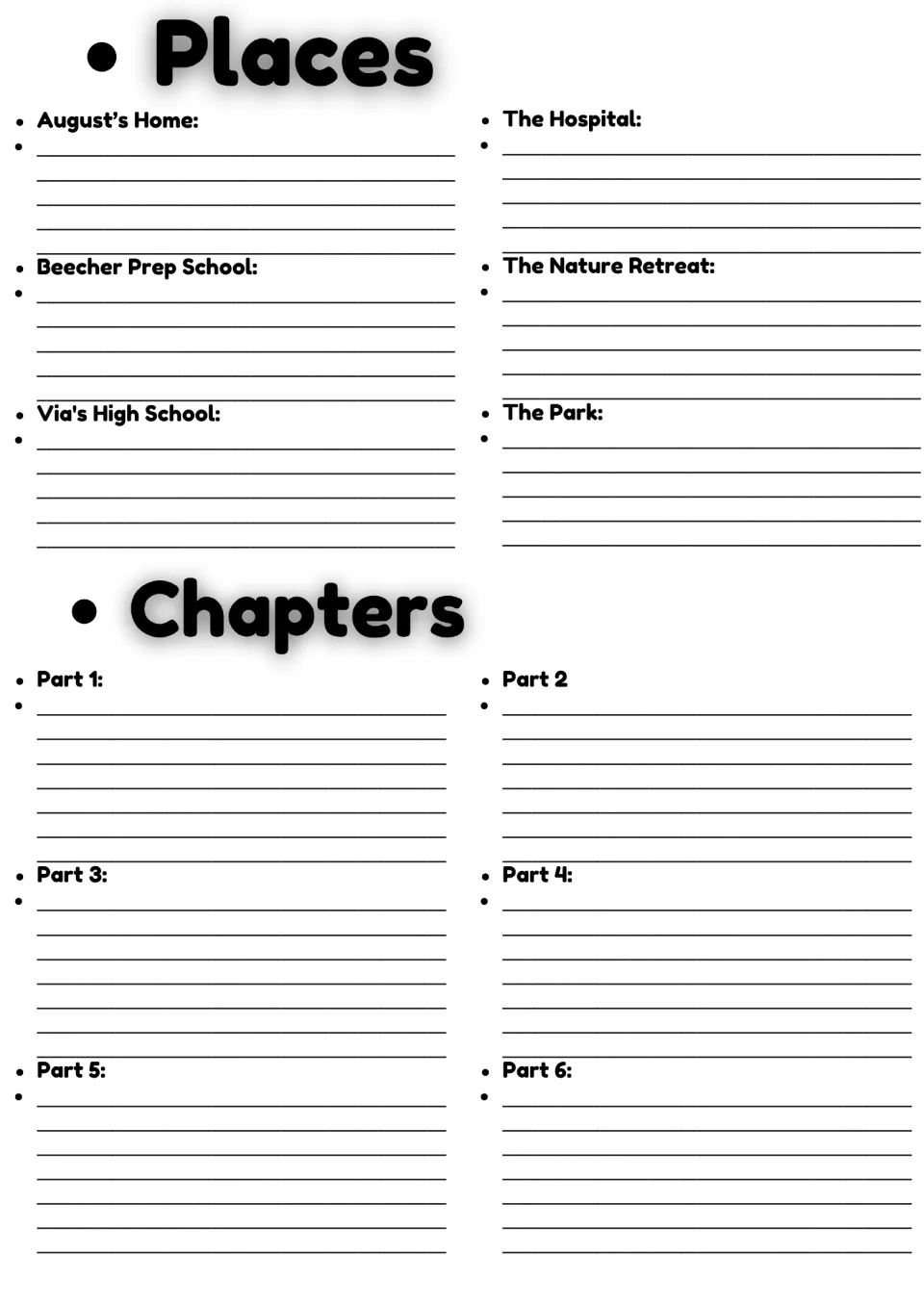 Setting and chapter notes: students describe August's home, Beecher Prep and the hospital, then summarize Parts 1 to 6