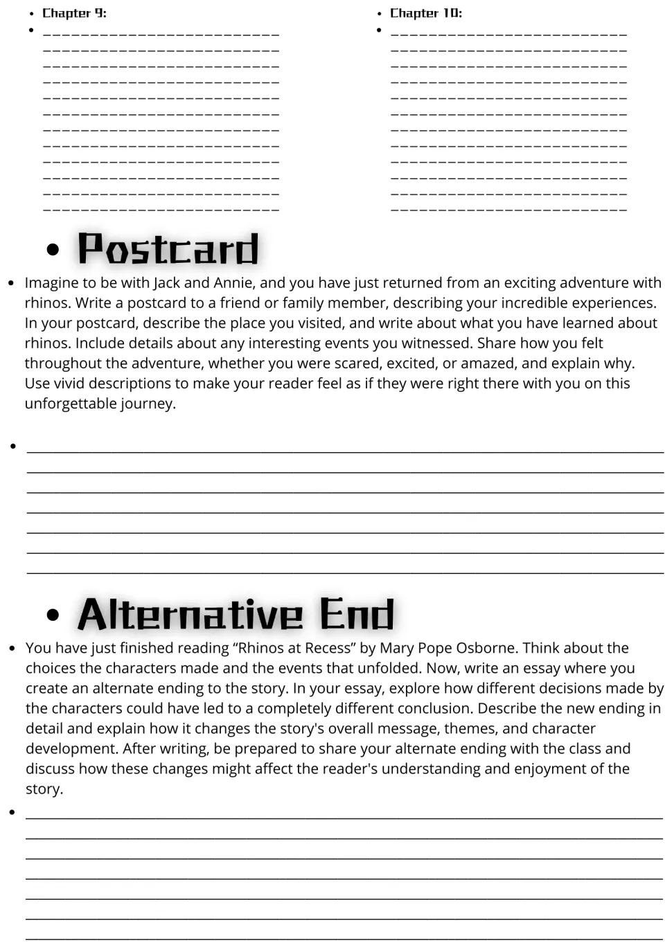 Chapters 9-10 notes, then writing tasks: a postcard about a rhino adventure with Jack and Annie and an alternate ending